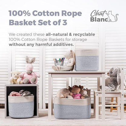 CHAT BLANC Cotton Rope Baskets for Organizing | Storage Baskets for Shelves | Rope Basket for Storage, Small Laundry Baskets, Woven Baskets for Storage, Dog Toy Bin, Baby Basket,Off White &Gray 3 Pack