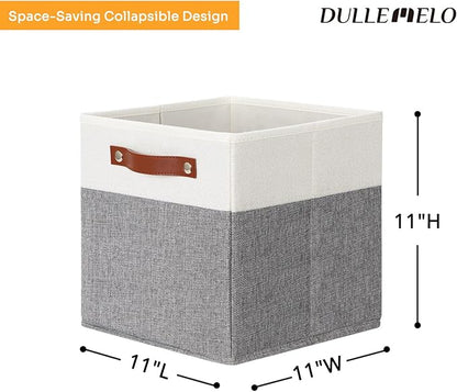 DULLEMELO 11x11 Storage Cubes, Collapsible Sturdy Cube Storage Bins With Handles for Organizing,Fabric Storage Cubes Baskets for Shelves Nursery Closet Home Organization and Storage (White&Grey)