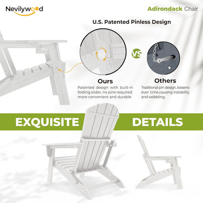 Folding Adirondack Chair, Ergonomic Extended Backrest, HDPE All-Weather, 380lbs Capacity, Maintenance-Free, Cup Holder, （White）- Outdoor Patio & Firepit Chair