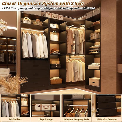 Corner Closet System with 3 Drawers, Corner Closet Organizer System with 13 Shelves & 3 Hanging Rods, 63.2"L * 39.2"W Reversible L Shaped Walk-in Closets, Load 2000+LBS, Black