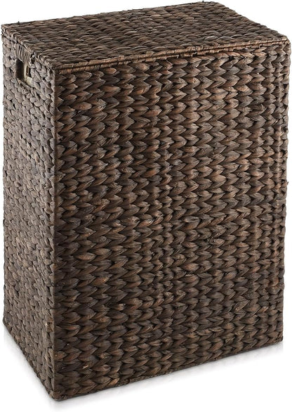 Casafield Large Laundry Hamper with Lid and Removable Liner Bag - Espresso, Woven Water Hyacinth Rectangular Laundry Basket Sorter for Clothes and Towels