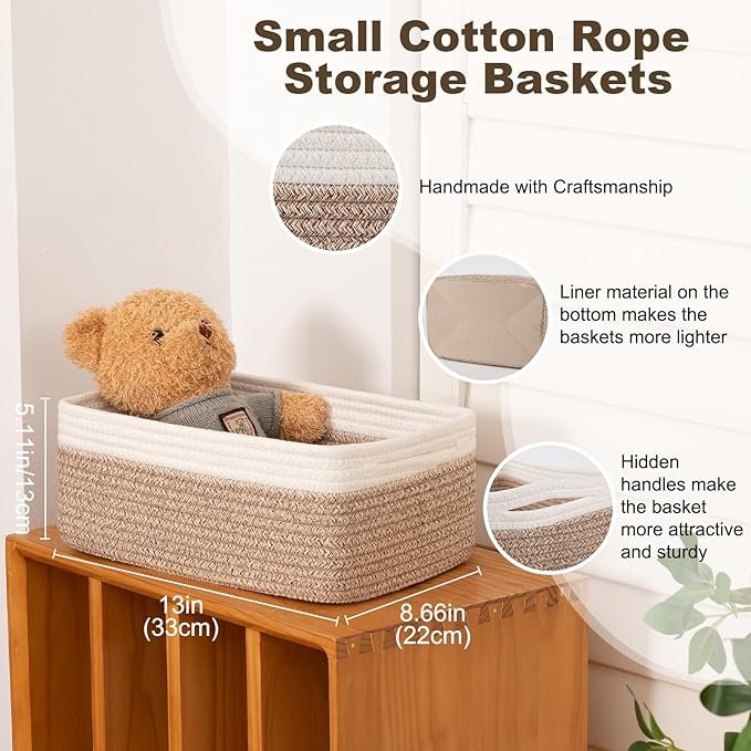 3 Pack Small Storage Baskets for Organizing, Cute Woven Decorative Gift Baskets for Shelves, Mini Closet Organizer Bins with Handles-13''Lx8.66''Wx5.11''H-Brown and White