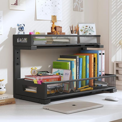 1 Pack 19IN Depth Under Sink Storage Organizer, Large 2-Tier Elegant Mesh Pull Out Shelf for Kitchen and Bathroom Cabinet Organization, L-Shaped and Adjustable Height Design-Black