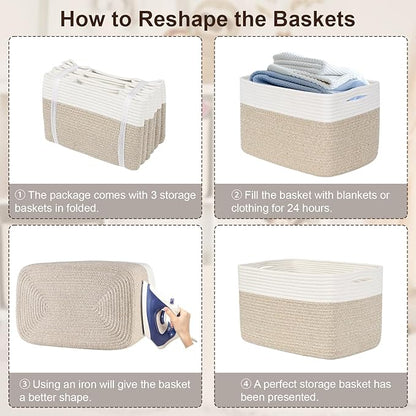 Shelf Baskets for Organizing, Woven Storage Basket for Shelves, Cotton Rope Storage Bins for Toys Books, Nursery Towel Baskets for Classroom, 14.96"X9.8"X8.85", 3-Pack White/Brown