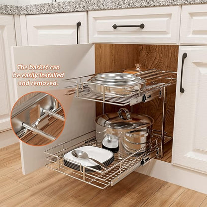 ROOMTEC Individual Pull Out Cabinet Organizer (11½" W x 21½" D), 2 Tier Spice Rack Organizer for Cabinet, Slide Out Drawer Pantry Shelf Organization and Storage for Kitchen Bathroom