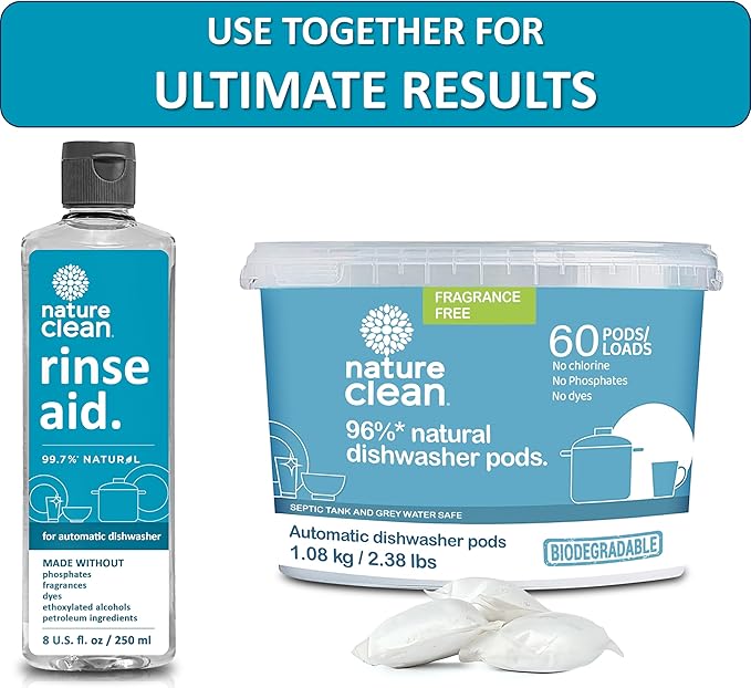 Nature Clean Natural Dishwasher Rinse Aid Liquid, Plant-Based Dishwasher Drying Agent with 99.7% Natural Ingredients, Unbelievable Power and No Nasty Chemicals. Hard Water Stain Remover. 8 oz 2-pack