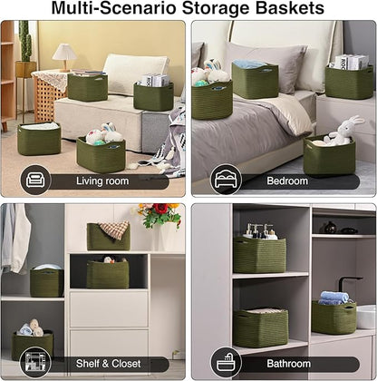 Storage Basket for Shelves, Small Baskets for Organizing, Woven Cotton Rope Baskets for Storage, Book Basket, Decorative Shelf Basket, 12.5"Lx9.1''Wx7.9''H (4 Packs) Green