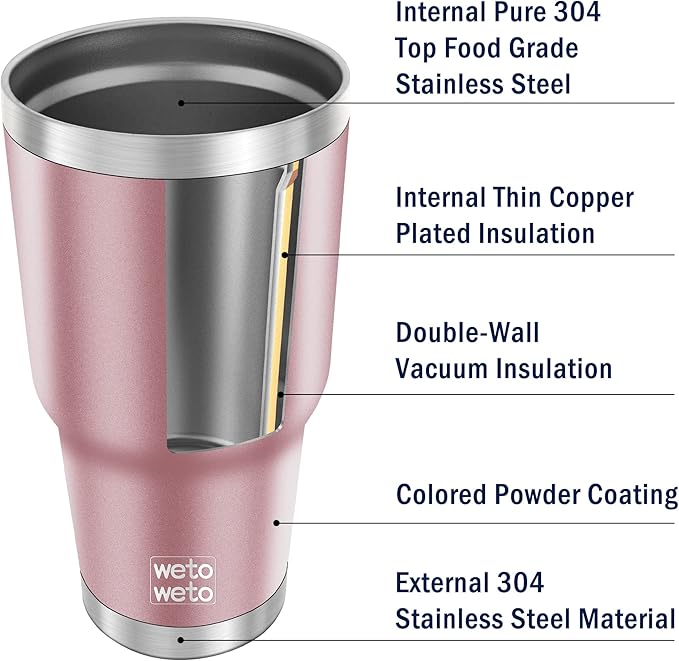 WETOWETO 30 oz Tumbler Stainless Steel Vacuum Insulated Coffee Cup with Handle, Double Wall Vacuum Coffee Cup Thermal Cups for Hot and Cold drinks, Suitable for Travel(Rose Gold, 1 Pack)