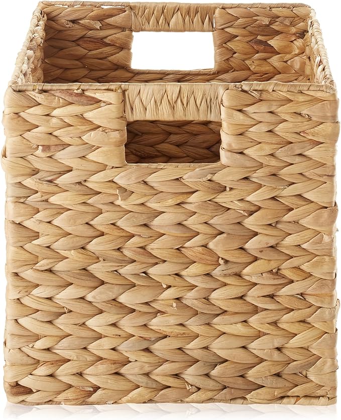 Casafield 10.5" x 10.5" Water Hyacinth Storage Baskets, Natural - Set of 4 Collapsible Cube Organizers, Woven Bins for Bathroom, Bedroom, Laundry, Pantry, Shelves