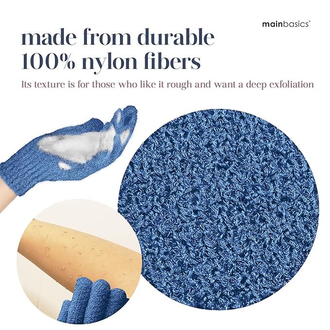 MainBasics Deep Cleansing Exfoliating Bath Gloves - Heavy-Textured Nylon Shower Scrub for Dead Skin Removal - Machine Washable with Hanging Loop (1 Pair, Pigeon Blue)