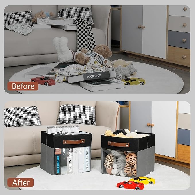 HNZIGE Cube Storage Bins 11 x 11, Fabric Cubes Storage Bins 11x11 Clear Storage Organizer,Canvas Storage Bin for Cube Storage, Cubby Collapsible Organizer Bin for Organizing Home(Gray Black 6PCS)