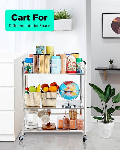 susunnus Stainless Steel Cart with Wheels 3 Tier,Stainless Steel Kitchen Cart,Utility Cart,Metal Cart with Wheels,Suitable for Various Occasions,Movable,Gift Tools