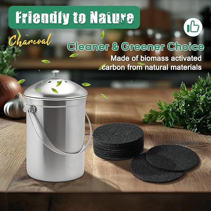 6.7 Inch Charcoal Filters for 10 Pack Kitchen Countertop Compost Bins - Extra Thick 0.3" for Longer Lasting Activated Carbon