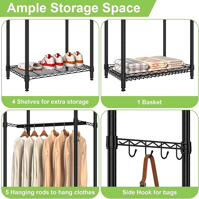 Heavy Duty Clothes Rack, Freestanding Garment Rack System Closet Organizer for Hanging Clothes, Metal Wire Clothing Rack with 5 Shelves & 5 Rods,Adjustable Wardrobe Shelf,Black