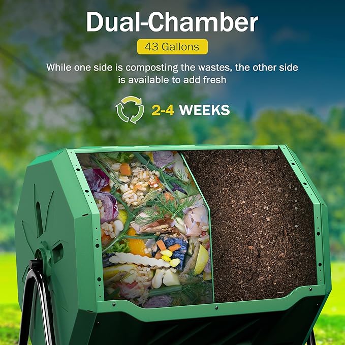 43 Gallon Outdoor Dual Chamber Tumbling Composter - BPA Free, Rotating Compost Bin with Sliding Doors & Steel Frame for Garden/Yard