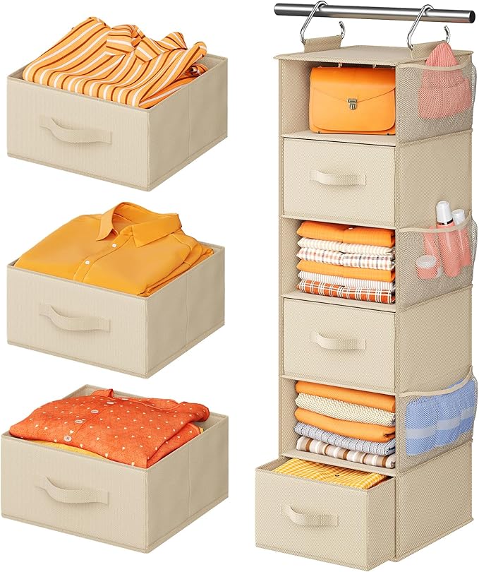 Pipishell Hanging Closet Organizer 6-Shelf, Hanging Shelves for Closet with 3 Removable Drawers & Side Pockets, Hanging Shelf Organizer for Bedroom or Garment Rack, 12'' x 12'' x 43.3'', Beige