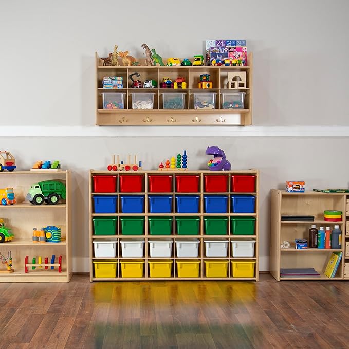 Wood Designs Cubby Storage Bin, Heavy Duty Plastic Containers for Kids Assorted Cubby Tray Set of 12