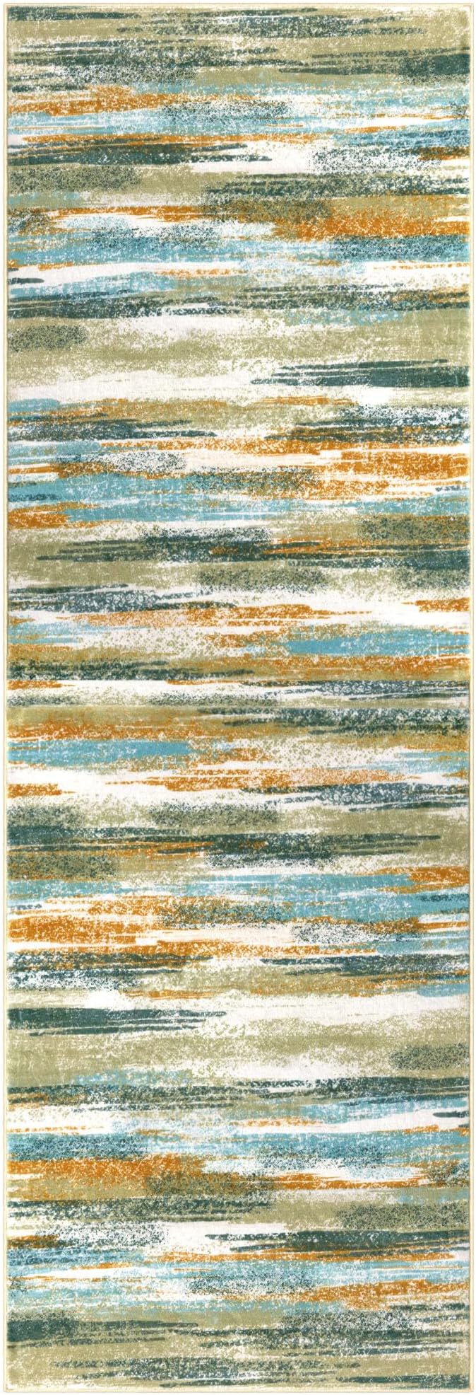 Modern Abstract Runner Rug 2.6x14, Green Mustard Multi Washable Long Kitchen Runner Non-Slip Soft Hallway Rug Runner Thin Print Faux Wool Carpet for Entryway Bedroom Laundry Room Indoor