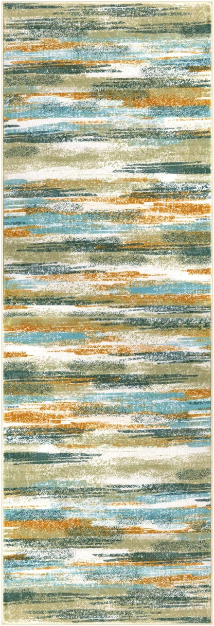 Modern Abstract Runner Rug 3x10, Green Teal Mustard Washable Kitchen Runner Non-Slip Soft Hallway Rug Runner Thin Print Faux Wool Carpet for Entryway Bedroom Indoor Home Office Decor
