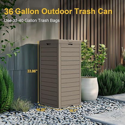 31 Gallon Outdoor Trash Can with Tiered Lid and Drip Tray,Waterproof Resin Waste Bin Indoor,Durable,Stylish,Lightweight Garbage Bin for Patio,Kitchen,Backyard and Office(Gray)