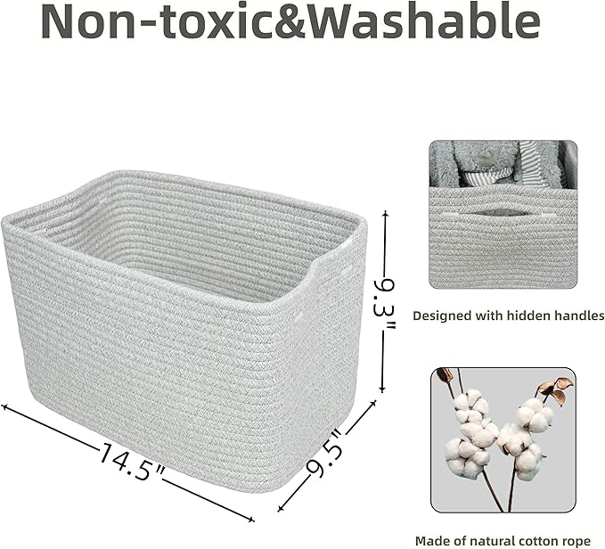 Cotton Rope storage Basket Bins Woven Basket for Organizing Shelves 14.5X9.5X9.3“ Rectangle Decorative Baskets For storage Clothes Toys Books Towels Square Wicker Nursery basket organizer 3 pack grey
