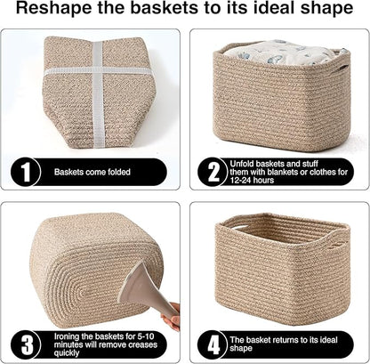 Small Storage Baskets for Shelves Organizing, Woven Cotton Rope Baskets for Storage, Book Basket, Decorative Shelf Basket, 12.5"Lx9.1''Wx7.9''H (4 Packs) Brown