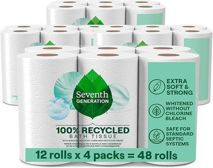 Seventh Generation Toilet Paper Recycled Bath Tissue 4-Pack 100% Recycled Paper 2-ply without Chlorine Bleach 12 Rolls