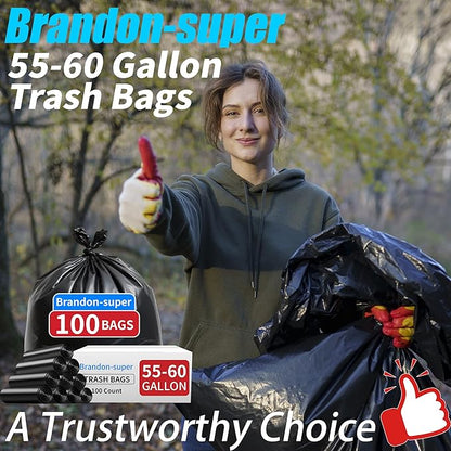 Brandon-super 55-60 Gallon Trash Bags, 50 count, Sturdy & Tear-Resistant Commercial Can Liners 55 Gallon, Large Garbage Bags, Large Black Trash Bags for Commercial, Lawn and Leaf Bags