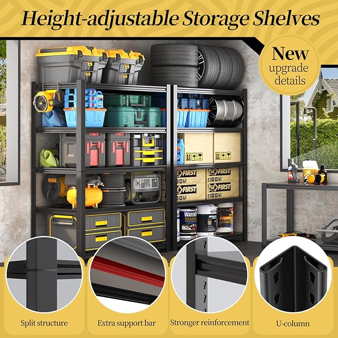 47.8" W Heavy Duty Garage Shelving 3000LBS Storage Shelves, Adjustable 5-Tier Storage Rack, Metal Shelves for Garage/Warehouse/Basement, 47.8" W x 19.8" D x 72" H, 2 Pack