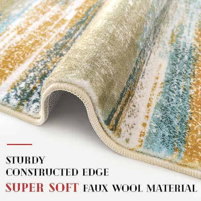 Modern Abstract 6x9 Machine Washable Living Room Rug Non-Slip Soft Bedroom Area Rug Green Mustard Multi Ultra Thin Print Faux Wool Floor Carpet Throw Rug for Nursery Playroom Dining Room Indoor
