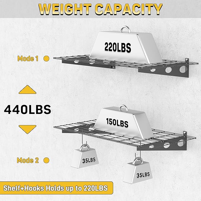 Ultrawall Garage Wall Shelves, 2 x 4 ft Wall Mounted Storage Shelves, Heavy Duty Wall Shelving with Hooks, Holds Up to 220 Lbs, 2Pack, Black