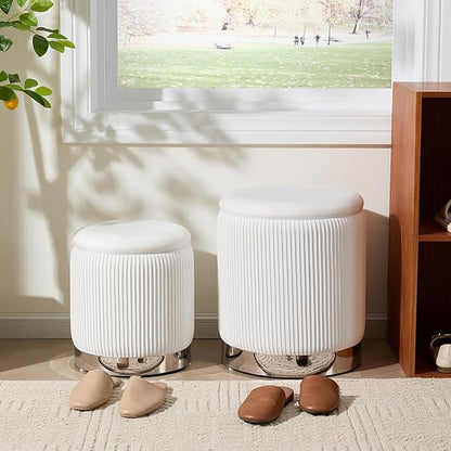 Royal Windsor Round Ottoman with Storage Set of 2, Vanity Stool with Storage for Bedroom, Ottoman Coffee Table Silver-Tone Ring Around The Base, Small Velvet Foot Stool for Living Room, White
