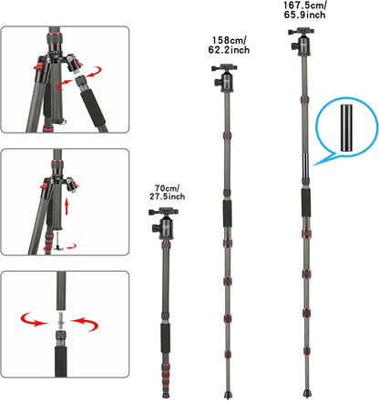 BONFOTO B690C Lightweight Carbon Fiber Portable Tripod Compact Travel Camera Tripod Monopod with 360 Degree Ball Head,1/4" Quick Release Plate and Carry Bag for DSLR Cameras