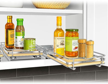 LYNK PROFESSIONAL® Élite™ Pull Out Spice Rack Organizer for Inside Kitchen Cabinets - 8-1/4 inch Wide - Slide Out Drawer – Wood/Chrome Sliding Spice Cabinet Organization Shelf Racks - 1 Tier