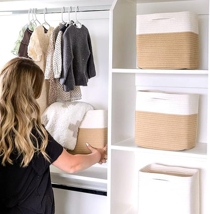 NaturalCozy Storage Cubes 11 Inch Cotton Rope Woven Baskets for Organizing, 3-Pack | Cube Storage Bin | Square Storage Baskets for Shelves Organizer, Classroom, Kids Toy Bins, Closet, Baby Nursery