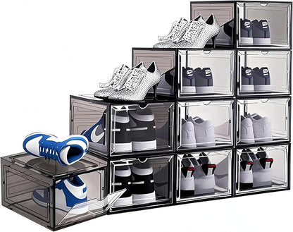 9 Pack Thicken Shoe Organizer Stackable Upgraded Sturdy Transparent Shoe Storage Box with Magnetic Door Sneaker Hats Display Case Fit Up to US Size 13, Black