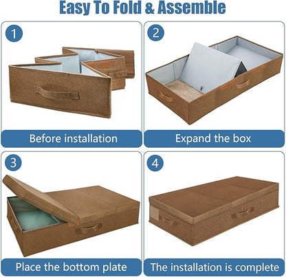 Underbed Storage Containers Bin with Lids (2pcs) Large Under Bed Storage Organizer Box with Handle, Foldable Under the Storage Bags for Organizing Clothes, Shoes, Blankets, Pillows-Dark brown