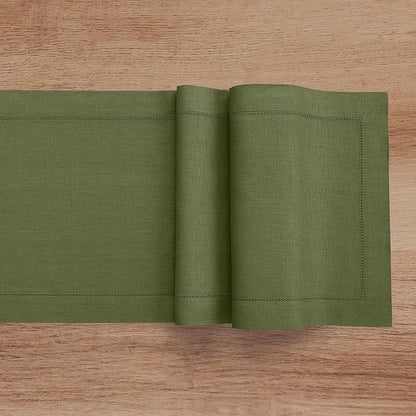 Solino Home Linen Olive Table Runner 144 Inches Long - 100% Pure Linen Extra Long Table Runner 14 x 144 Inch for Christmas, New Year - Classic Hemstitch