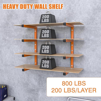 2-Pack Lumber Storage Rack, Wood Storage Racks Wall Mount, Heavy Duty Garage Wood Organizer With 4-Level System, Orange Utility Rack Organization Up 800 Lbs, Metal Lumber Shelf for Indoor and Outdoor