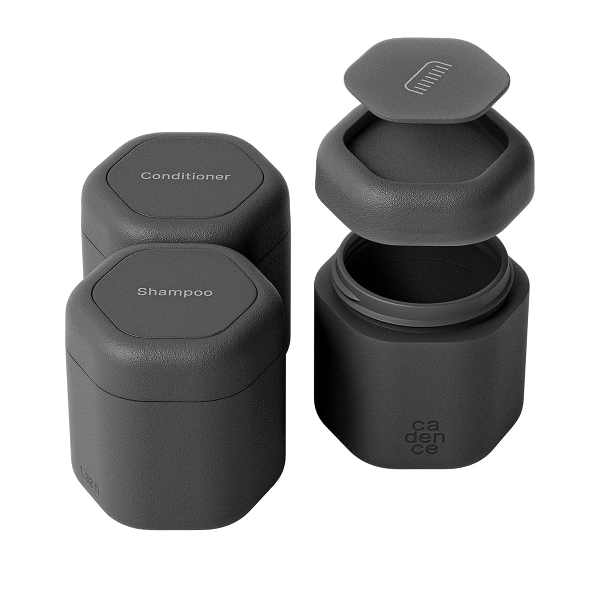 Cadence Travel Containers Haircare Capsule Set - Magnetic Containers with Lids,Carry On Travel Essentials For Women/Men - 3 Flex Mediums (1.32oz) - Shampoo, Conditioner & Comb Icon Labels - Charcoal