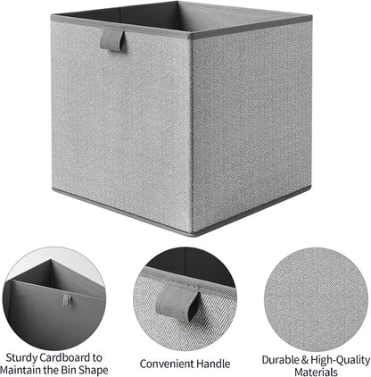 Storage Baskets, 11.8-Inch Woven Fabric Bins, Storage Cubes with Reinforced Handles, Organizer Bins for Closet Shelves, Foldable, for Toys, Clothes, Natural Beige (4PCS/Grey-11.8*11.8*11.8inch)