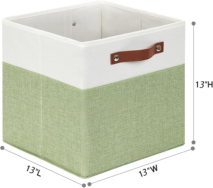 HNZIGE Fabric Cube Storage Bins 13x13 Set of 4 Canvas Storage Baskets for Shelves Collapsible Storage Bins for Organizing Clothes Closet Toy Nursery Cubby(Green&White)