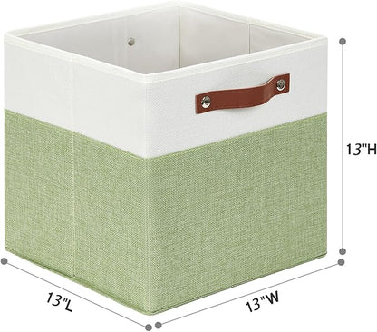 HNZIGE Fabric Cube Storage Bins 13x13 Set of 4 Canvas Storage Baskets for Shelves Collapsible Storage Bins for Organizing Clothes Closet Toy Nursery Cubby(Green&White)