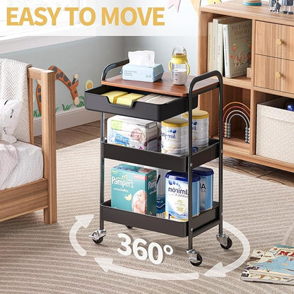 TOOLF 3-Tier Utility Rolling Cart with Wooden Board and Drawer, Metal Storage Cart with Handle, Black Trolley Kitchen Organizer Rolling Desk with Locking Wheels for Office, Classroom, Home, Bedroom