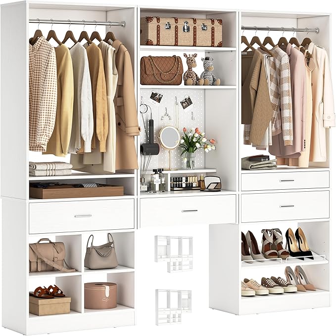 Unikito 75” Modular Closet System, Freestanding Closet Organizer with Hanging Rods and Drawers, Adjustable Clothes Garment Rack with Shoe Rack, Sturdy Walk in Closet Set for Bedroom, Mudroom, White