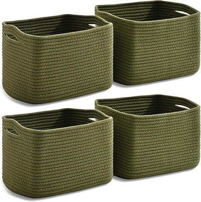 Small Storage Baskets for Organizing, Woven Storage Baskets for Shelves, Cotton Rope Basket for Storage, Cute Rectangular Book Toy Green Basket, 12.7"×9.1"×7.9", 4 Packs, Green