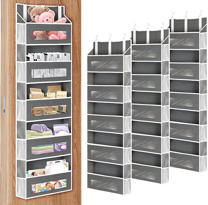 3 Packs 5-Tier Over the Door Storage Organizer with 10 Side Mesh Pockets, 48 lbs Load Capacity, 3 Hooks Design, Hanging Organizer with Clear Windows for Bathroom, Bedroom, Nursery, Kitchen-Grey