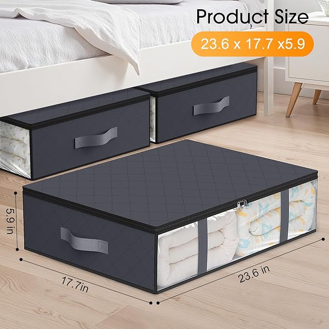 StorageRight Under Bed Storage Bins, 4-Pack 40L Foldable Fabric Storage Bags with Transparent Window, Breathable Organizer for Clothes/Blanket/Comforter/Quilt, Grey