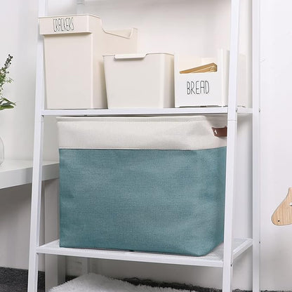DULLEMELO Large Collapsible Storage Basket/Bin with Sturdy Leather Handles, Fabric Organizer Bin for Storage Clothes, Toys, Books, Office, Bedroom, Closet, Nursery & Laundry (White&Teal)