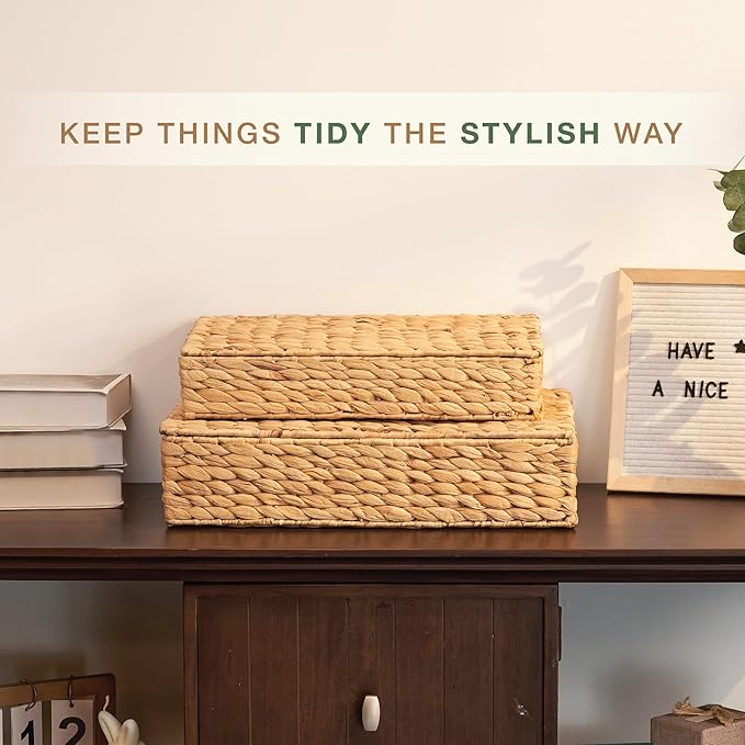Set of 2 Wicker Baskets with Lid for Organizing - Decorative Storage Boxes With Lids for Home Decor, Shelves - Organic Modern Home Decor - Remote Box - Coffee Table Basket